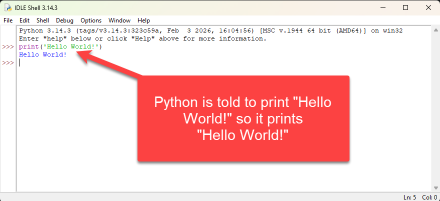 Screen shot of IDLE Shell printing Hello World! with Python